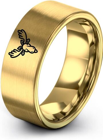 Gift for Nature Fan - Moose Ring - Black Gunmetal Silver Yellow Gold - Band - Men Women - 8mm - Tungsten - Brushed Polished - Anniversary Wedding - Personalized Custom Engraving - Flat Dome Bevel in Kuwait