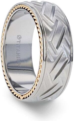 Thorsten SATURN Woven Pattern Domed Titanium Men's Wedding Ring With Yellow Gold Braided Edges - 8mm in Kuwait