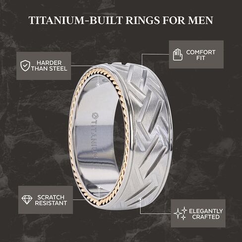 Thorsten SATURN Woven Pattern Domed Titanium Men's Wedding Ring With Yellow Gold Braided Edges - 8mm in Kuwait