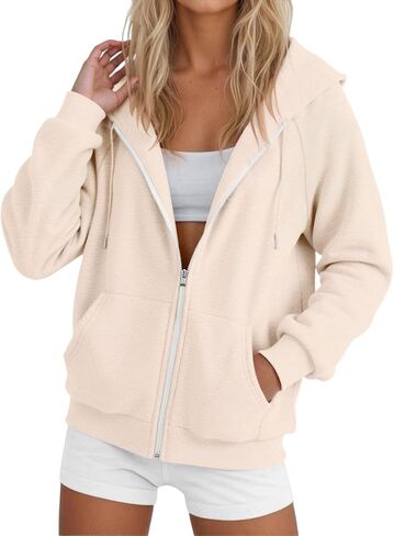 Zip Up Hoodie Women Lightweight Jacket Oversized Sweatshirt Solid Color Fall Clothes Long Sleeve Loose Fit Cute Tops in Kuwait