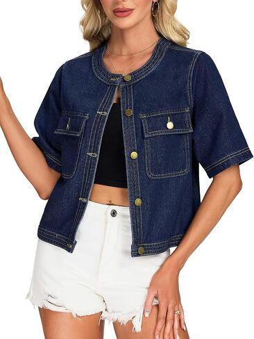 LifeShe Women Short Sleeve Denim Jacket Cropped Collarless Jean Jackets in Kuwait