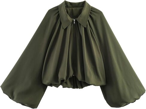 Chevara Women’s Puffed Sleeve Bomber Jacket Trendy Lapel Collar Zip Up Cropped Loose Fit Spring Fall Pleated Shirt in Saudi Arabia