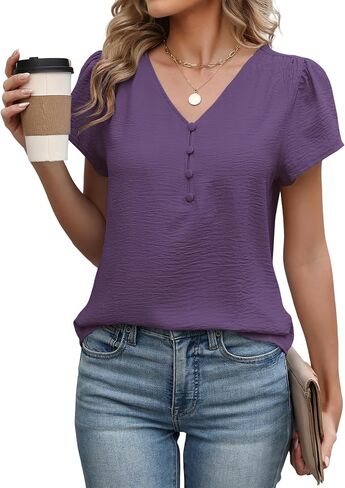 Womens Summer Tops Dressy Casual Blouses Business Work Shirts Buttons V Neck Short Sleeve Fashion Clothing in Saudi Arabia