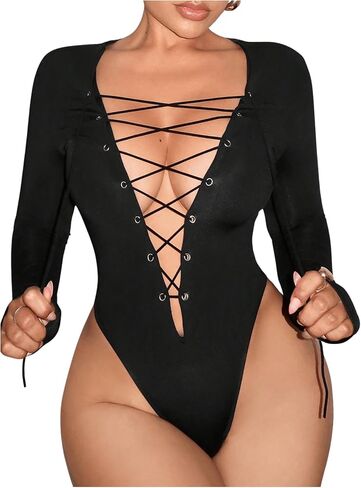 WDIRARA Women's Lace Up Deep V Neck Bodysuit Long Sleeve Criss Cross Sexy Body Suit in Kuwait