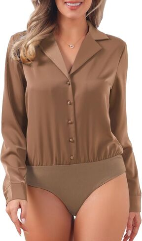 Allegra K Satin Business Bodysuit for Women's Long Sleeve Notched Lapel Button Down Shirt in Saudi Arabia