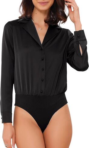 Allegra K Satin Business Bodysuit for Women's Long Sleeve Notched Lapel Button Down Shirt in Saudi Arabia