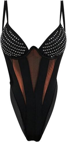 SweatyRocks Women's Rhinestone Mesh Spaghetti Strap Corset Thong Bodysuit One Piece Leotard Going Out Tops in Kuwait