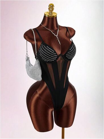 SweatyRocks Women's Rhinestone Mesh Spaghetti Strap Corset Thong Bodysuit One Piece Leotard Going Out Tops in Kuwait