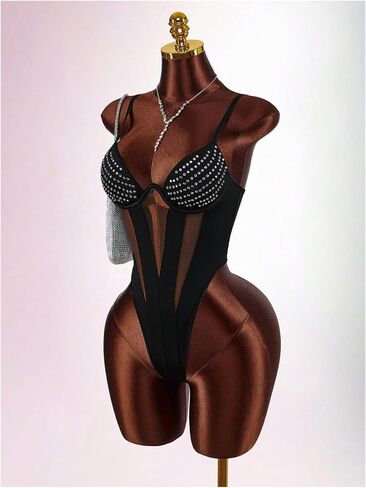 SweatyRocks Women's Rhinestone Mesh Spaghetti Strap Corset Thong Bodysuit One Piece Leotard Going Out Tops in Kuwait