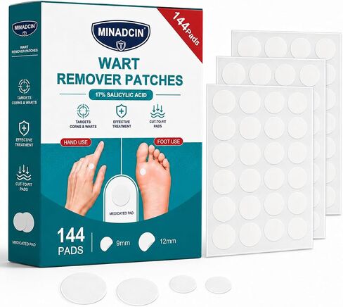 Wart Remover Patches, 17% Salicylic Acid Medicated Patches for Common & Plantar Wart Removal, Waterproof Invisible Wart Treatment Stickers for Hands & Feet, 144 Count, 9mm & 12mm in Saudi Arabia