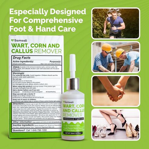 Samsali Liquid Plantar Wart Remover: 20ml Salicylic Acid Liquid for The Removal of Plantar Flat Warts Corns Calluses on Feet Toes and Hands - Safe for Teens Adults Seniors Men and Women in Saudi Arabia