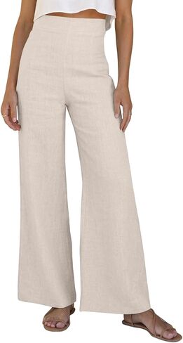 Women Linen Wide Leg Pants Summer High Waist Loose Palazzo Pants Flowy Lounge Trousers Beach Travel Resort Vacation in Kuwait