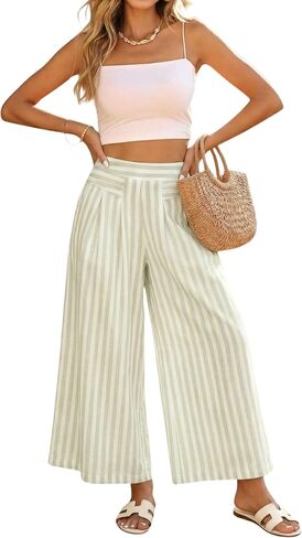 Hooever Women's Stripe Wide Leg Culotte Pants Summer High Elastic Waisted Palazzo Pants with Pockets in Saudi Arabia