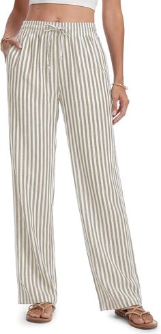 SEVEGO Tall Women 32"/34"/36" Inseam Striped Linen Pants Elastic Waist Wide Leg Pants Casual Summer Beach Trousers in Saudi Arabia