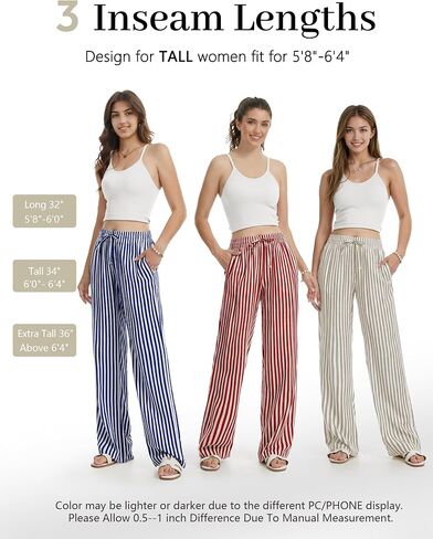 SEVEGO Tall Women 32"/34"/36" Inseam Striped Linen Pants Elastic Waist Wide Leg Pants Casual Summer Beach Trousers in Saudi Arabia