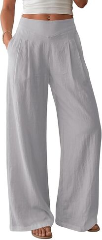 AKEWEI Women's Wide Leg Linen Pants Summer Casual Elastic Waist Long Lounge Travel Pants in Saudi Arabia