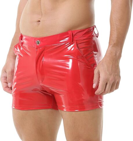 QiaTi Men's PU Leather Shorts Elastic Waist Rave Hot Short Pants Zipper Men Sexy Shorts with Pockets for Club Men in Kuwait