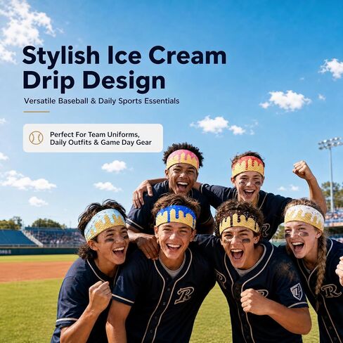 Baseball Headband Sweat‑Wicking Ice Cream Drip Design Baseball Stuff 12Pcs Soft Elastic Non‑Slip Sweatbands Team Gifts & Sports Accessories for Running Golf Football Basketball in Saudi Arabia