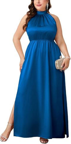 CYCLAMEN Plus Size 0X-4X Satin Halter Neck Dress A-line Maxi Long Dresses Wedding Guest Cocktail Evening Gowns in Saudi Arabia
