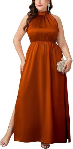 CYCLAMEN Plus Size 0X-4X Satin Halter Neck Dress A-line Maxi Long Dresses Wedding Guest Cocktail Evening Gowns in Saudi Arabia