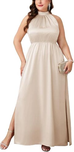 CYCLAMEN Plus Size 0X-4X Satin Halter Neck Dress A-line Maxi Long Dresses Wedding Guest Cocktail Evening Gowns in Saudi Arabia