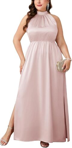 CYCLAMEN Plus Size 0X-4X Satin Halter Neck Dress A-line Maxi Long Dresses Wedding Guest Cocktail Evening Gowns in Saudi Arabia