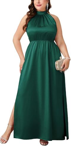 CYCLAMEN Plus Size 0X-4X Satin Halter Neck Dress A-line Maxi Long Dresses Wedding Guest Cocktail Evening Gowns in Saudi Arabia