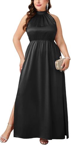 CYCLAMEN Plus Size 0X-4X Satin Halter Neck Dress A-line Maxi Long Dresses Wedding Guest Cocktail Evening Gowns in Saudi Arabia