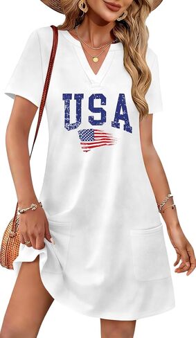 Ithalt 4th of July Dresses for Women Patriotic Dress Red White and Blue Outfits American Flag V Neck Sundress with Pockets in Kuwait
