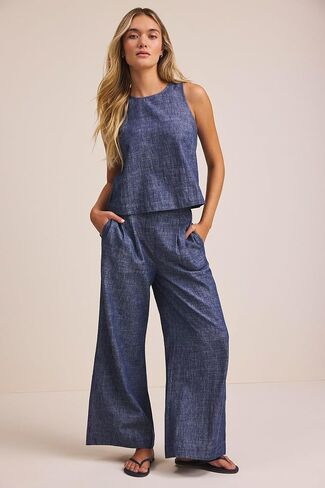 بنطال نسائي واسع الساق من القطن من Ellis Chambray من NIC+Zoe in Kuwait