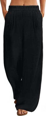 FireSwan Linen Pants Women Wide Leg Palazzo Pants Flowy Elastic Waist Summer Beach Casual Trousers with Pockets in Saudi Arabia