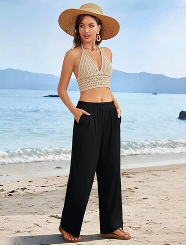 FireSwan Linen Pants Women Wide Leg Palazzo Pants Flowy Elastic Waist Summer Beach Casual Trousers with Pockets in Saudi Arabia