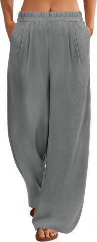 FireSwan Linen Pants Women Wide Leg Palazzo Pants Flowy Elastic Waist Summer Beach Casual Trousers with Pockets in Saudi Arabia