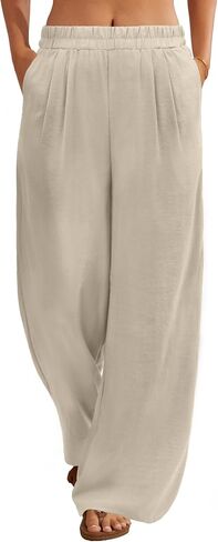 FireSwan Linen Pants Women Wide Leg Palazzo Pants Flowy Elastic Waist Summer Beach Casual Trousers with Pockets in Saudi Arabia