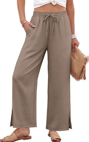 Sampeel Womens Wide Leg Beach Pants Elastic Waist Lightweight Casual Flowy Palazzo Lounge Trousers with Pockets in Kuwait