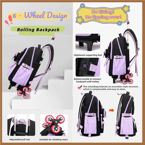 Rolling Backpack for Girls 3PCS Kids Backpack Set Cute Trolley Bags for Elementary Middle High School Wheeled Bookbags in Saudi Arabia