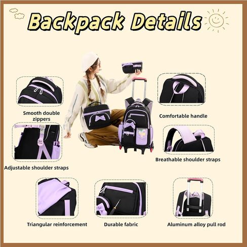Rolling Backpack for Girls 3PCS Kids Backpack Set Cute Trolley Bags for Elementary Middle High School Wheeled Bookbags in Saudi Arabia