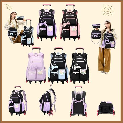 Rolling Backpack for Girls 3PCS Kids Backpack Set Cute Trolley Bags for Elementary Middle High School Wheeled Bookbags in Saudi Arabia