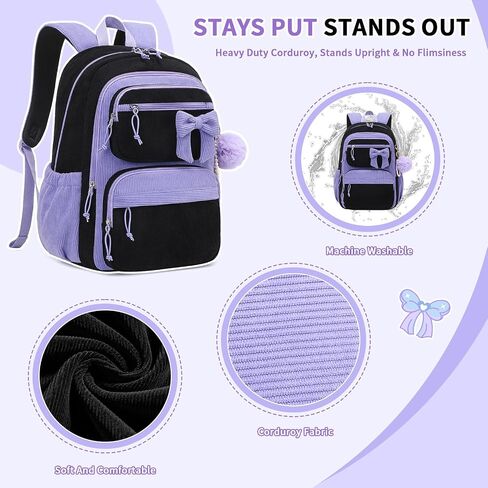 MUSEVOS School Backpack for Teen Girls, Cute Corduroy Backpack for Elementary Middle School with Multi-Pockets Black/Purple in Saudi Arabia