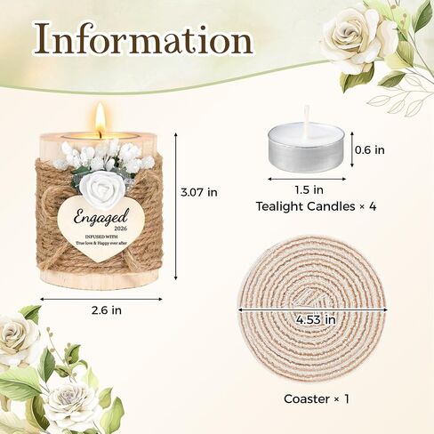 Engagement Gifts for Couples 2026 – Rustic Wooden Candle Holder with 4 Tealight Candles, Thoughtful Gift for the Bride to Be, Features Engaged 2026, Wedding Keepsake & Bridal Shower Favor in Saudi Arabia
