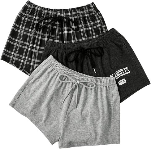 WDIRARA Women's 3 Pack Plaid Letter Graphic Pajama Shorts Elastic Waist Pj Lounge Shorts in Saudi Arabia