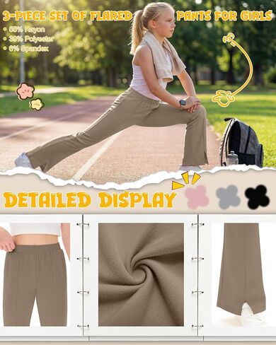 3 قطع بنات مضيئة السراويل مرونة الخصر جرس أسفل واسعة الساق Sweatpants عادية سبليت هيم زي مدرسي اليوغا طماق in Kuwait