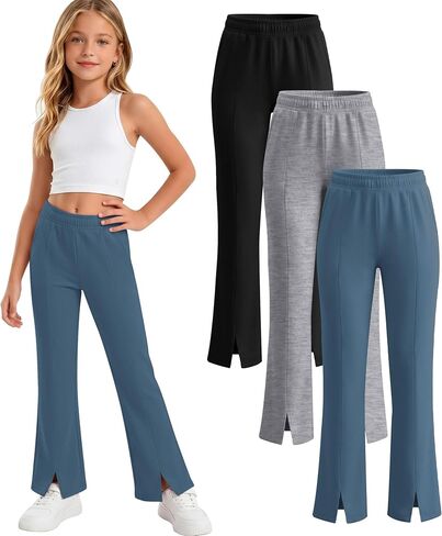 3 قطع بنات مضيئة السراويل مرونة الخصر جرس أسفل واسعة الساق Sweatpants عادية سبليت هيم زي مدرسي اليوغا طماق in Kuwait