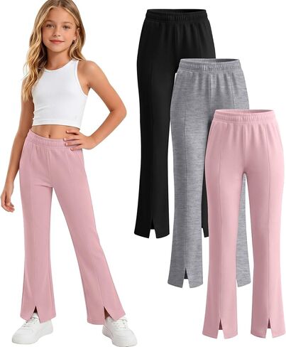3 قطع بنات مضيئة السراويل مرونة الخصر جرس أسفل واسعة الساق Sweatpants عادية سبليت هيم زي مدرسي اليوغا طماق in Kuwait