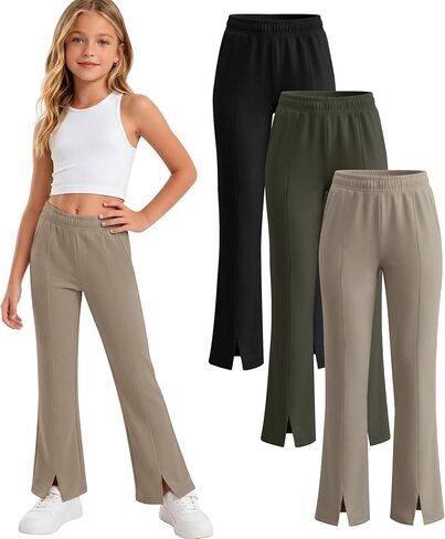 3 قطع بنات مضيئة السراويل مرونة الخصر جرس أسفل واسعة الساق Sweatpants عادية سبليت هيم زي مدرسي اليوغا طماق in Kuwait