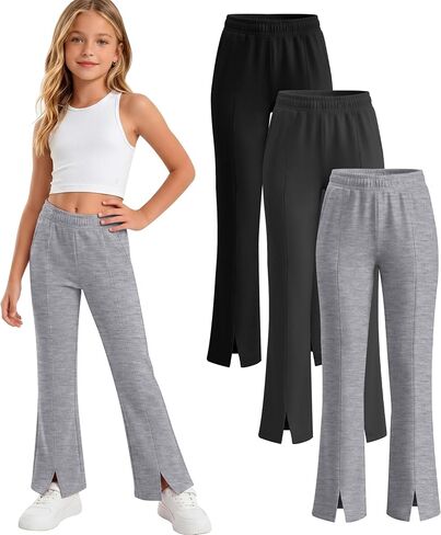 3 قطع بنات مضيئة السراويل مرونة الخصر جرس أسفل واسعة الساق Sweatpants عادية سبليت هيم زي مدرسي اليوغا طماق in Kuwait