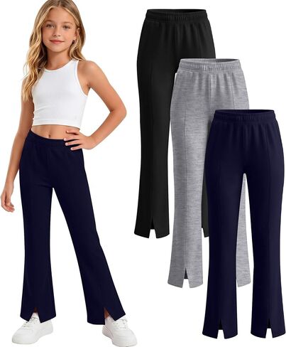 3 قطع بنات مضيئة السراويل مرونة الخصر جرس أسفل واسعة الساق Sweatpants عادية سبليت هيم زي مدرسي اليوغا طماق in Kuwait