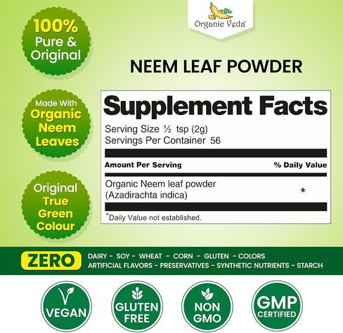 Organic Veda Neem Leaf Powder - Gentle Dried Organic Neem Leaves Powder - Herbal Supplement for Skin, Gut Cleanse & Immune Support - Non-GMO, Gluten-Free, Vegan – 4 oz in Saudi Arabia