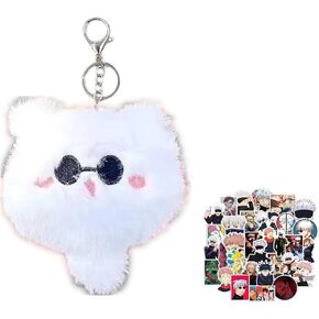 JinYu Anime Stickers Jujutsu-Kaisen Keychain, Go-jo Satoru Cosplay Keychain Cute Cat Keyring Plush Pillow Cosplay Accessory Prop