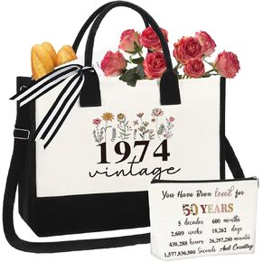 50th Birthday Gifts for Women Mother's Day Gifts Beach Tote Bag for Women 1974 Tote Bag and Makeup Bag with Zipper Teacher Bag for Mother Grandma